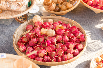 Tiny model of Thai wicker baskets with handle