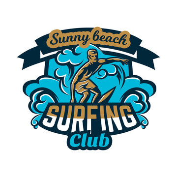 Colourful emblem, logo, sticker, surfer drifting on the waves, Californian beach, extreme sport. Vector illustration for printing on T-shirts