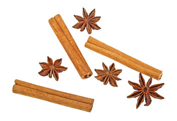 Anise stars and cinnamon sticks isolated on a white background