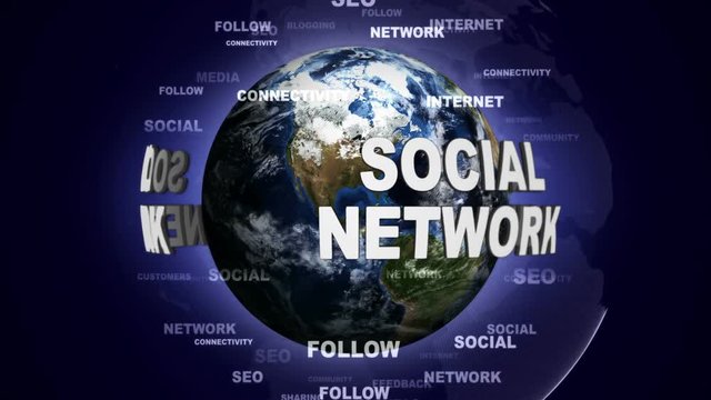 Social Network Text Animation around the Earth and Keywords, Rendering, Background, Loop, 4k

