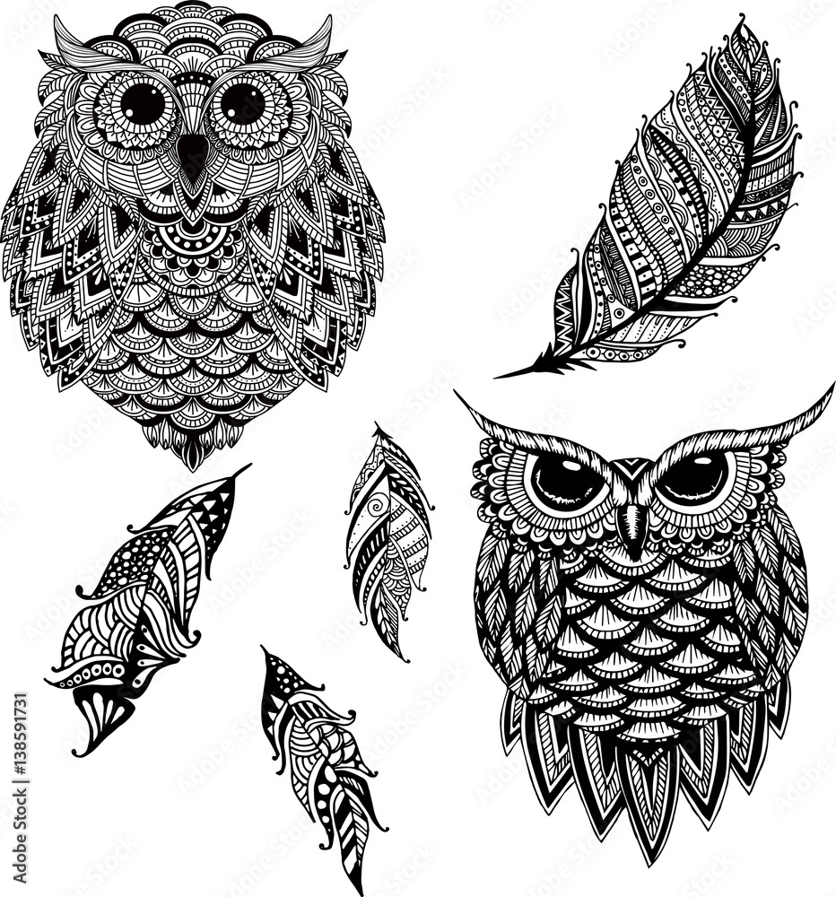 Wall mural owl vector handdrawn set illustration in zentangle style