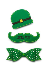 Happy St. Patricks Day / Creative St. Patricks Day concept photo of a moustache, bow and hat made of paper on white background.