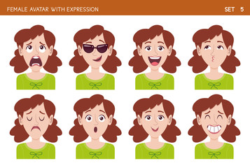 Set of female facial emotions. Female cartoon style character with different expressions. Vector illustration. Set five of six.