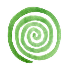 Spiral in a circle drawn by the brush painted emerald green paint. Radial rotation snail. Circular coil ornament. 