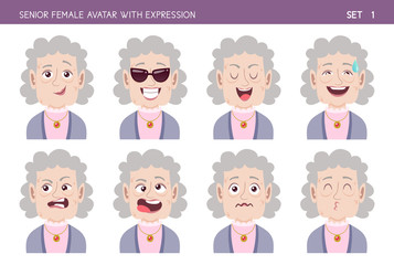 Set of grandma facial emotions. Senior female cartoon style character with different expressions. Vector illustration. Set one of six.