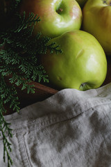 Close-up of a large harvest ripe green apples on the background of fir branches and flax napkin in a wooden box