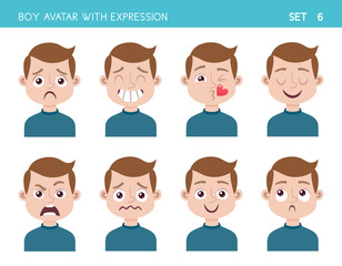 Set of kid facial emotions. Boy cartoon style character with different expressions. Vector illustration. Set six of six.