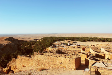 The settlement in the oasis in the Sahara desert, Africa, Tunisia