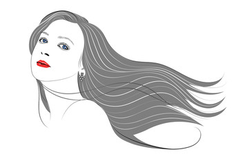 Graphic portrait of a girl with long wavy hair - vector