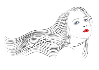 Graphic portrait of a girl with long wavy hair - vector