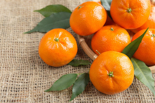 Fresh citrus fruits tangerines, oranges closeup in rustic style