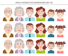 Fototapeta premium Set of family avatars with facial emotions. Cartoon style characters with different expressions. Vector illustration.