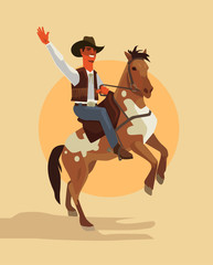 Cowboy character ride horse. Vector flat cartoon illustration