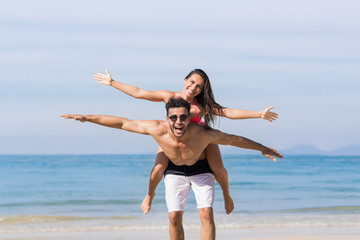 Couple On Beach Summer Vacation, Young People Happy Smiling, Man Carry Woman Sea Ocean Holiday Travel