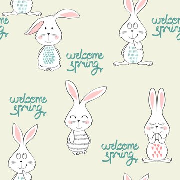Vector seamless pattern with cartoon cute bunny