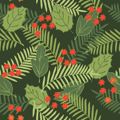 Tropical seamless pattern with palm leaves and flowers. Trendy colors for textile or book covers, manufacturing, wallpapers, print, gift wrap and scrapbooking.