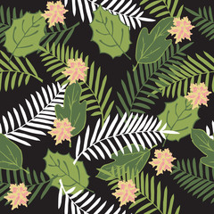 Fototapeta na wymiar Tropical seamless pattern with palm leaves and flowers. Trendy colors for textile or book covers, manufacturing, wallpapers, print, gift wrap and scrapbooking.