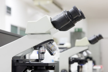 line of microscope on table in the laboratory