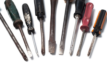 Old vintage tools, screwdrivers isolated on white background