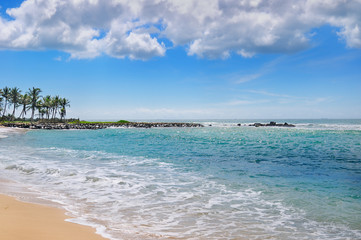 ocean, picturesque beach and blue sky