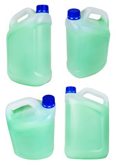 set from plastic jerrycans with green liquid
