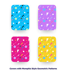 Covers with flat geometric pattern. Cool colorful backgrounds. Applicable for Banners, Playcards, Posters, Flyers, Phone covers. Memphis styled background. Eps10 vector template.
