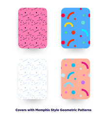 Covers with flat geometric pattern. Cool colorful backgrounds. Applicable for Banners, Playcards, Posters, Flyers, Phone covers. Memphis styled background. Eps10 vector template.