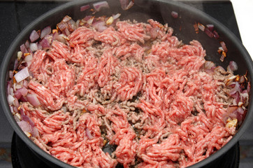 preparation: mincemeat, onion and garlic in frying-pan on stove