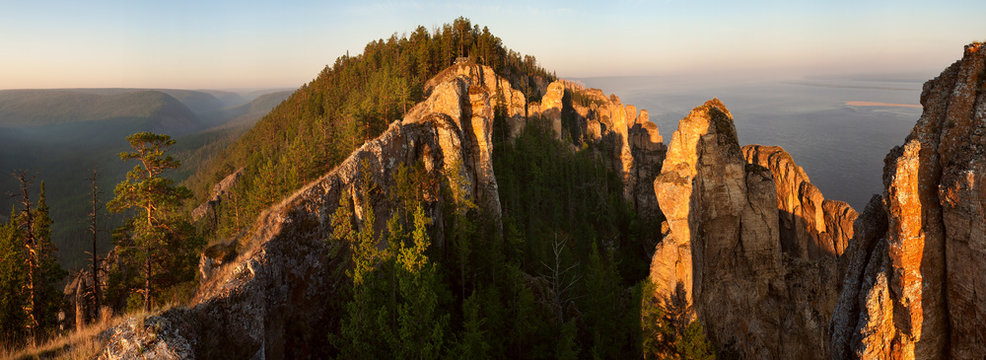 Sheer limestone cliffs and forest. National Park Lena pillars. Yakutia. Russia.