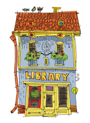 vintage library facade - cartoon