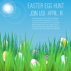 Easter Egg Hunt poster with grass and realistic eggs.