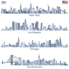 Fototapeta premium vector illustrations of United States city skylines (New York, Chicago, San Francisco and Los Angeles) in tints of blue color palette with map and flag of United States