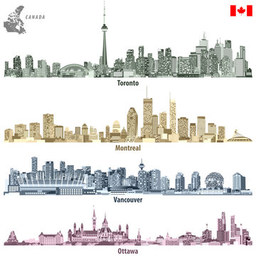 Canadian cities Toronto, Montreal, Vancouver and Ottawa skylines in different color palettes with map and flag of Canada. Vector illustrations