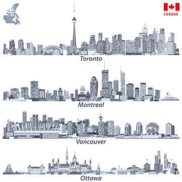 Toronto, Montreal, Vancouver and Ottawa skylines in tints of blue color palette with map and flag of Canada