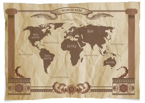 Old Vintage Retro World Map. Vector illustration