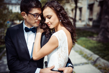 happy and loving couple walking and make photo in the old city