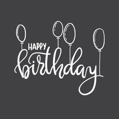 Happy Birthday. Hand lettering typography template. For posters, greeting cards, prints, balloons, party decorations. Black-and-white doodle  hand-drawn contour. White on black, chalk on a blackboard.