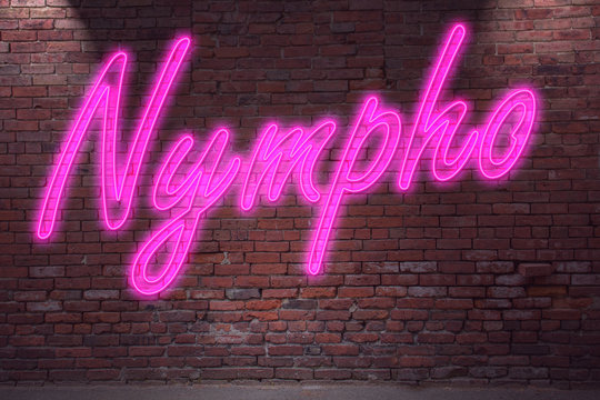 Leuchtreklame Nympho an Ziegelsteinmauer