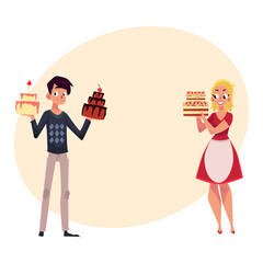 Young couple, parent, man and woman holding birthday cakes, getting ready for party, cartoon vector illustration with place for text. Man and woman choosing a birthday cake