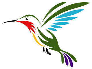 Vector illustration of a colorful, stylized hummingbird.