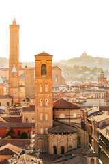 Bologna, cityscape with towers and buildings, San Luca Hill in background © ronnybas