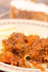Pork and beef minced meat with tomato sauce and macaroni