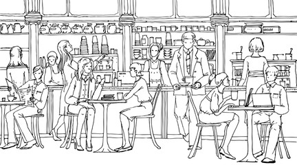 Business people at lunch break in cafe, talking and working with laptops. Doodle illustration