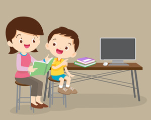 cute boy and mother reading book together