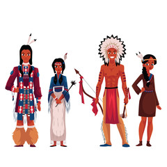 Set of native American Indians, men and women, in traditional national costumes, cartoon vector illustration isolated on white background. Native Americans, American Indians People in national clothes