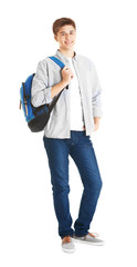 Teenager with backpack standing on white background