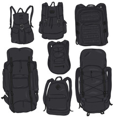 Vector Set of Cartoon Different Backpacks.