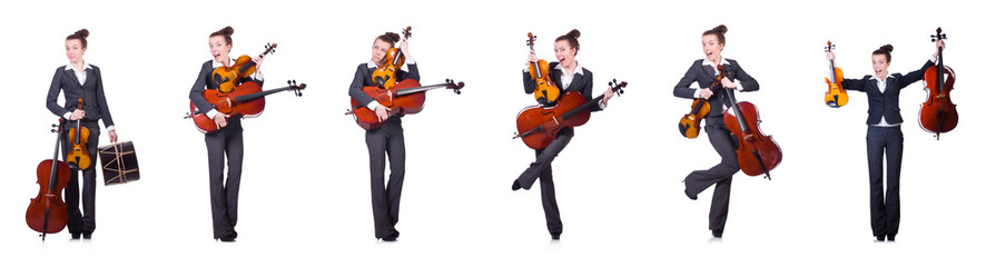Fototapeta premium Funny woman playing violin isolated on the white
