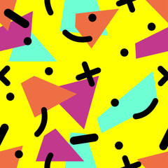 Memphis seamless pattern 80's-90's styles on yellow background