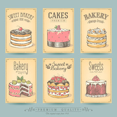 Card collection of hand-drawn cakes. Vintage posters of bakery sweet shop. Freehand drawing, sketch